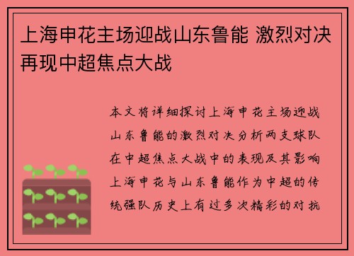 上海申花主场迎战山东鲁能 激烈对决再现中超焦点大战